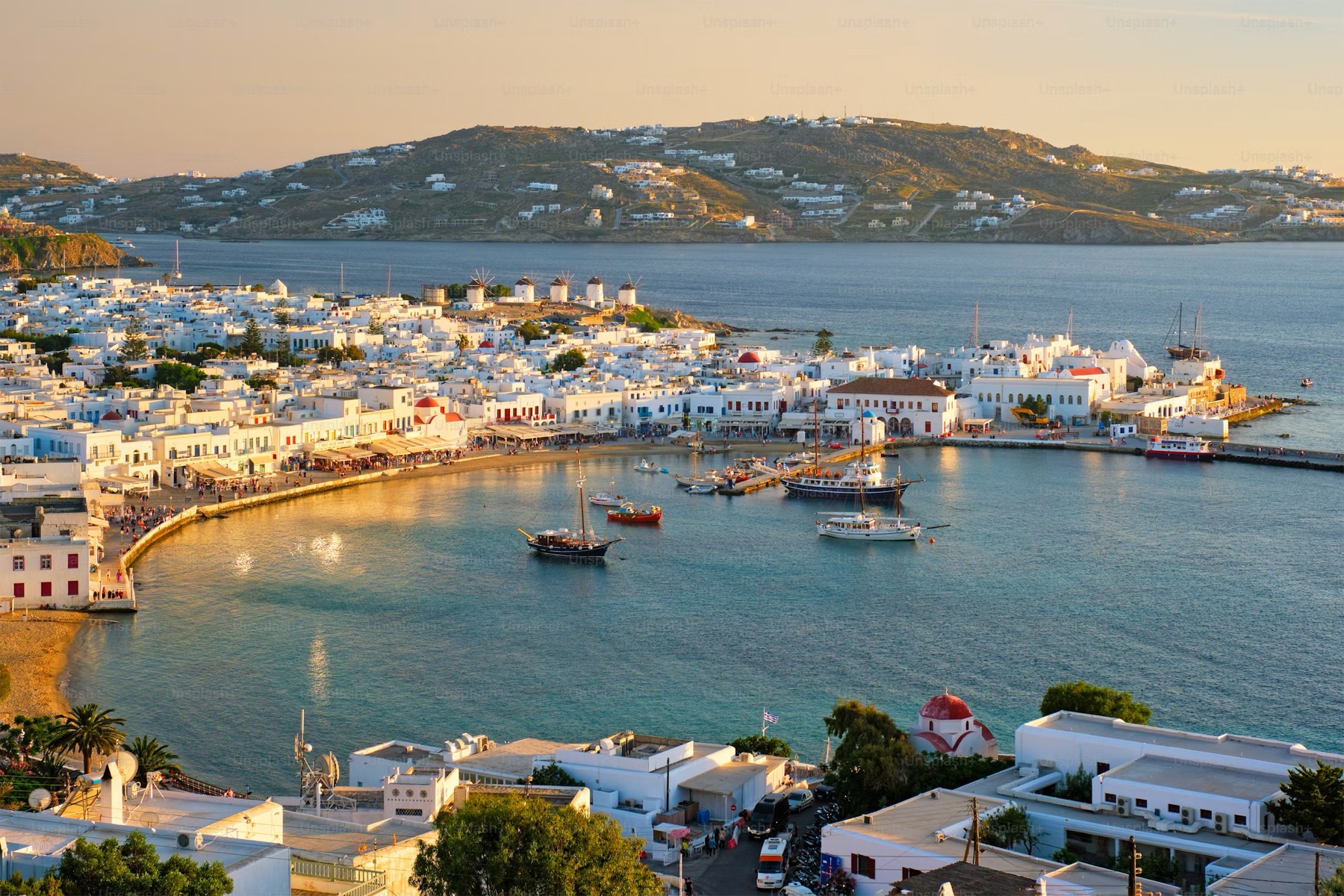 Mykonos Town and the old port at golden hour