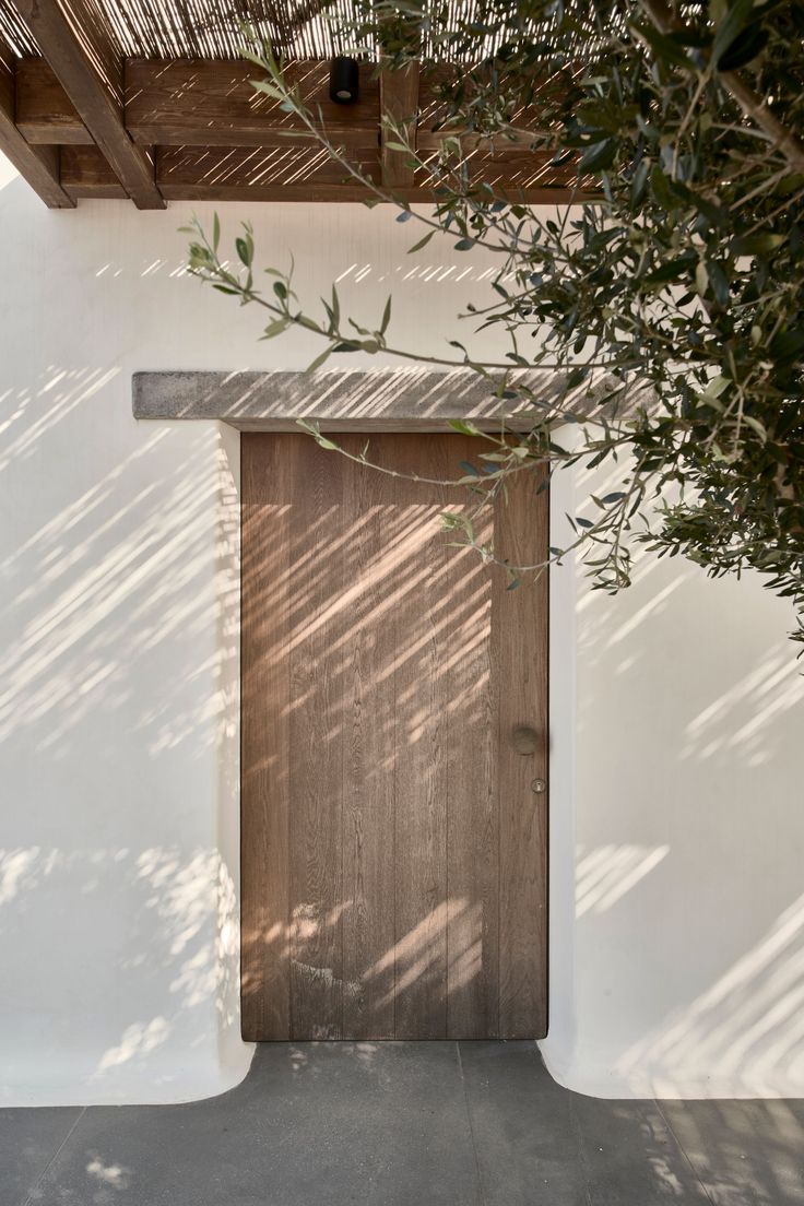 A wooden villa door in a white wall under dappled olive-tree shade